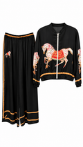 Black Satin Horse Print Bomber Set
