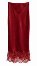 Burgundy satin midi skirt with lace hem, front view