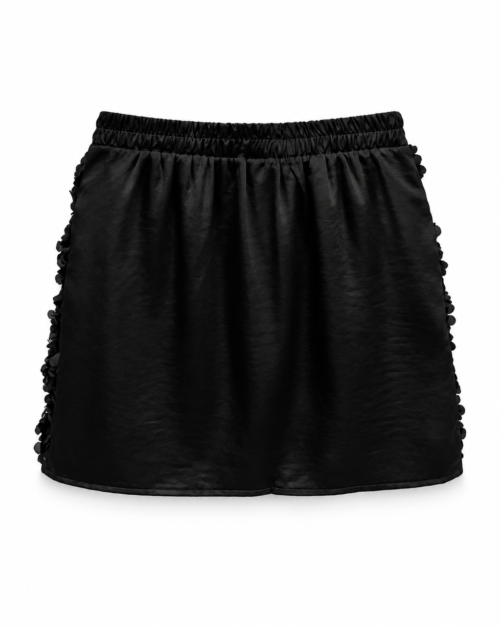 Black satin mini skirt with pompom side detail