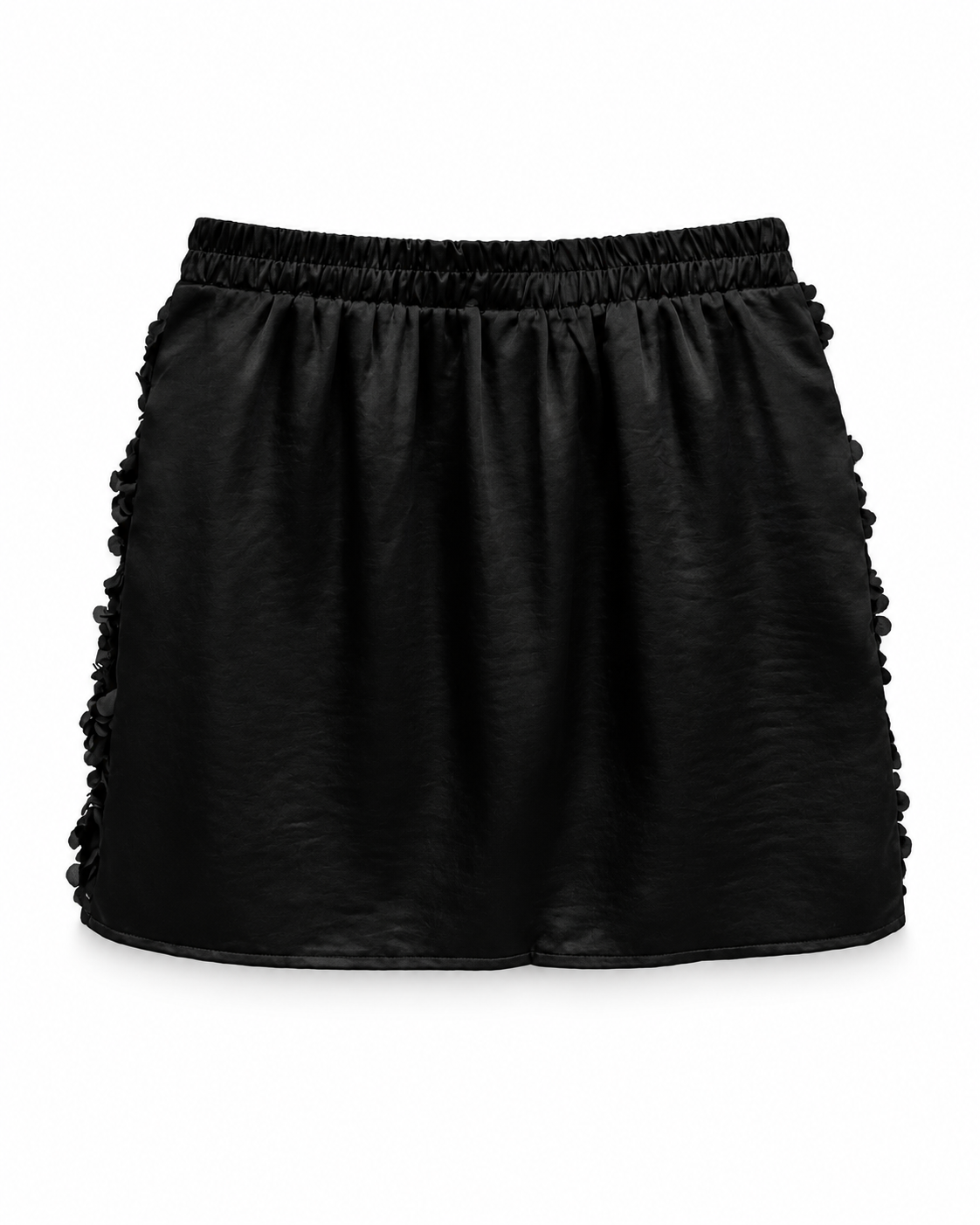 Black satin mini skirt with pompom side detail
