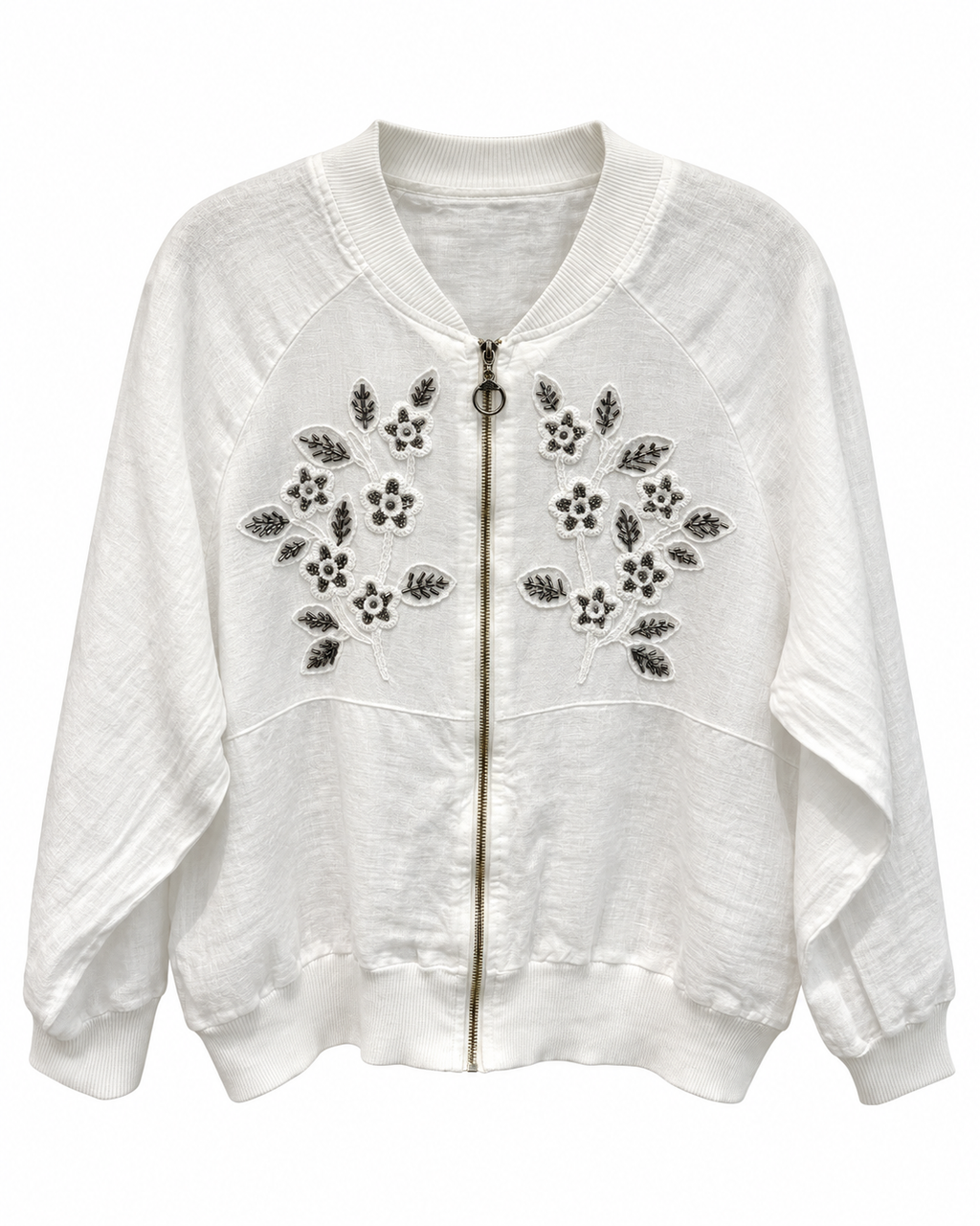 Ivory Beaded Floral Linen Bomber Jacket