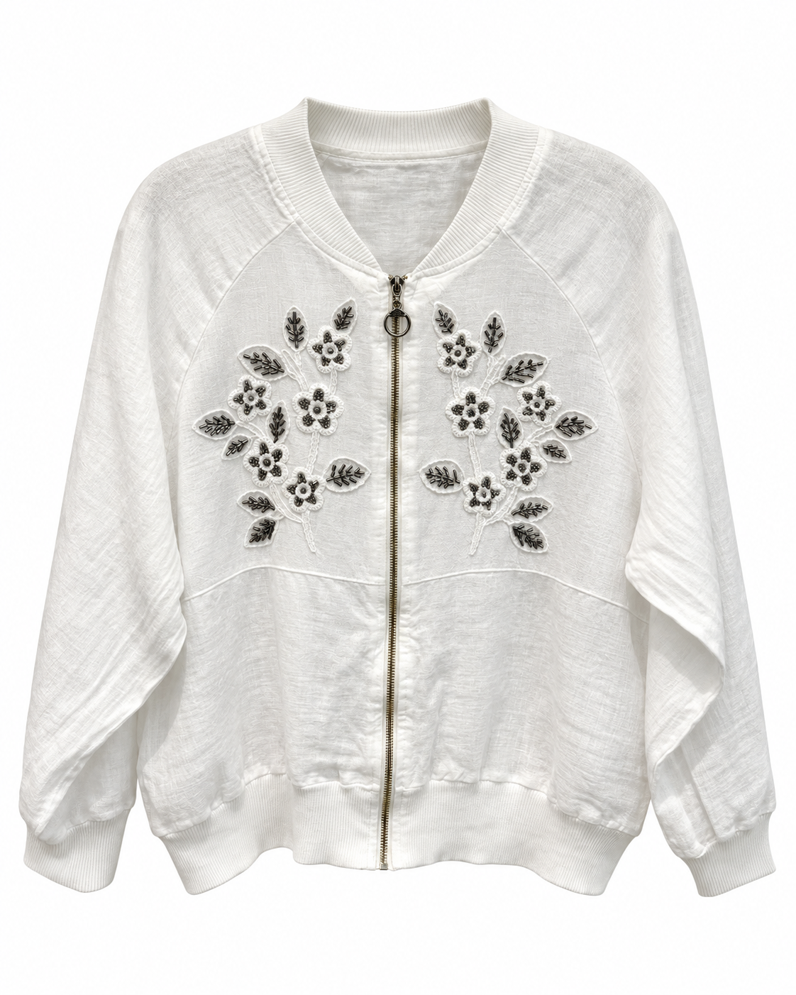 Ivory Beaded Floral Linen Bomber Jacket