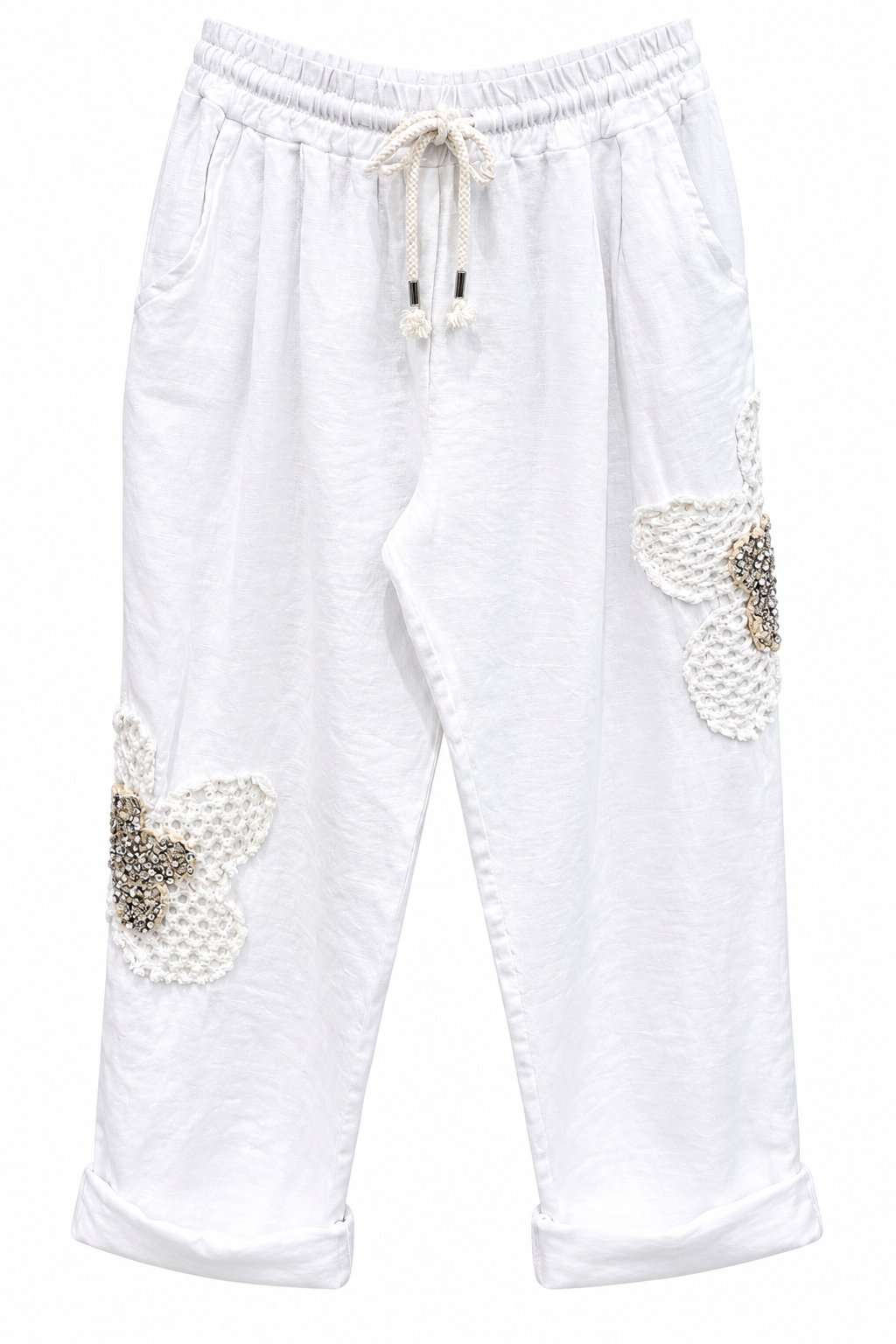 White Linen Floral Embellished Trousers