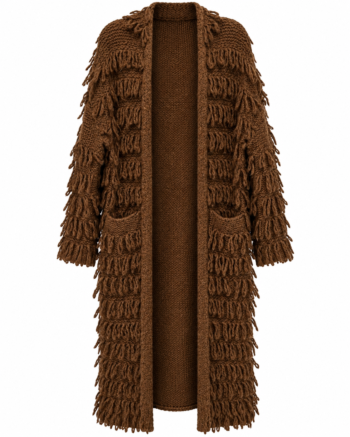 Luxe Fringe Knit Long Cardigan – Walnut Brown