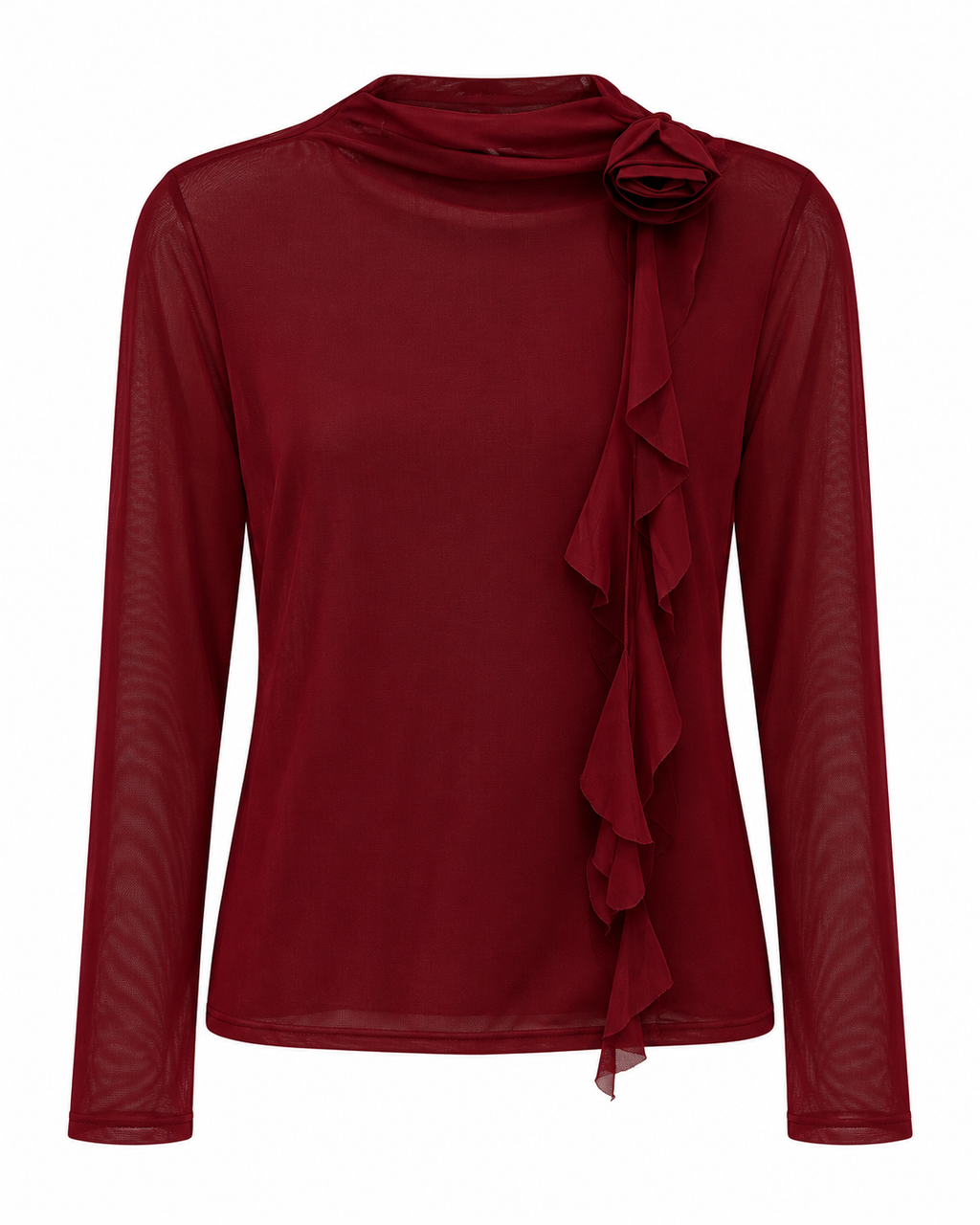 Burgundy Mesh Rose-Detail Blouse