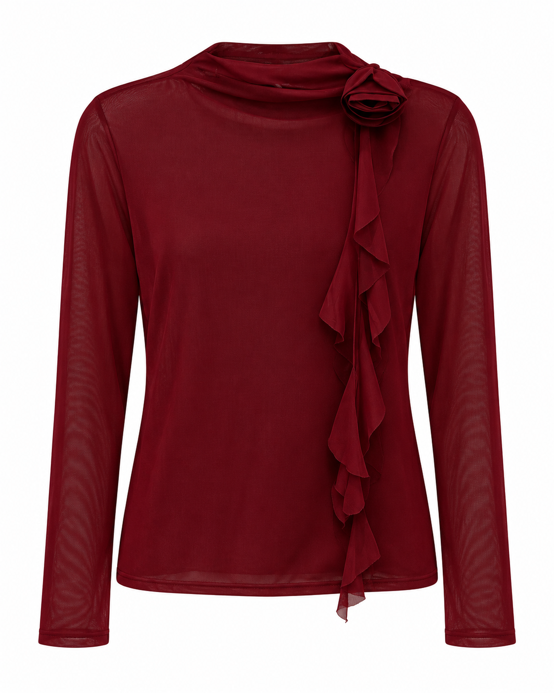 Burgundy Mesh Rose-Detail Blouse