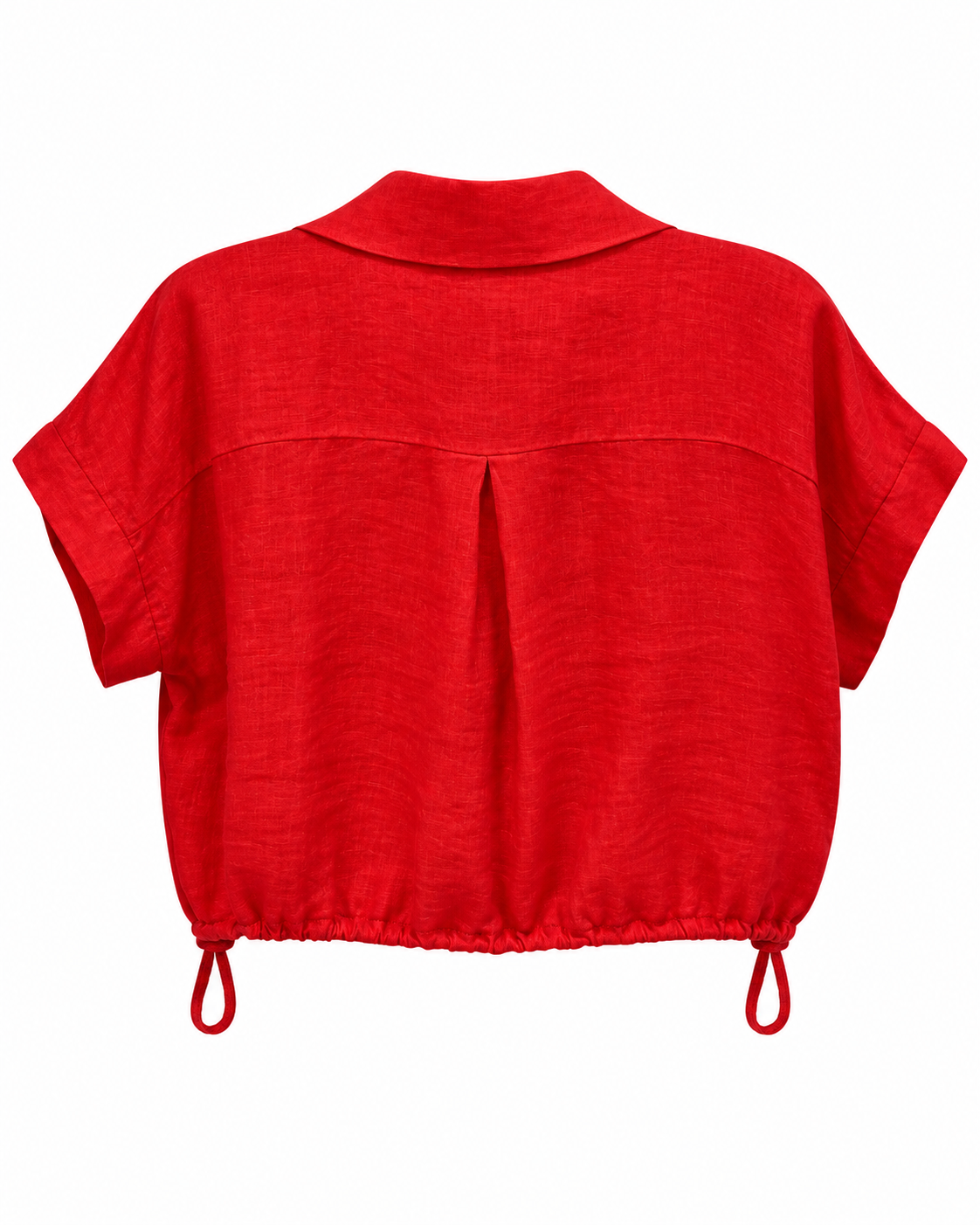 Red Linen Drawstring-Hem Pocket Shirt