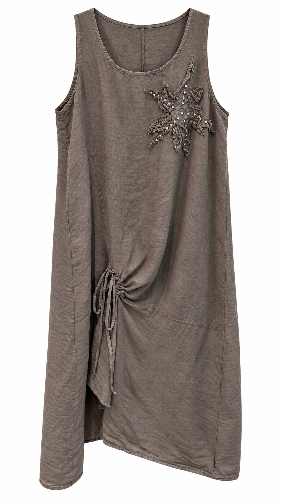 Taupe Linen Crochet Flower Appliqué Side-Tie Midi Dress