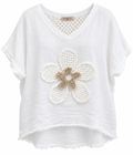 Italian Linen Top with Flower Appliqué – White