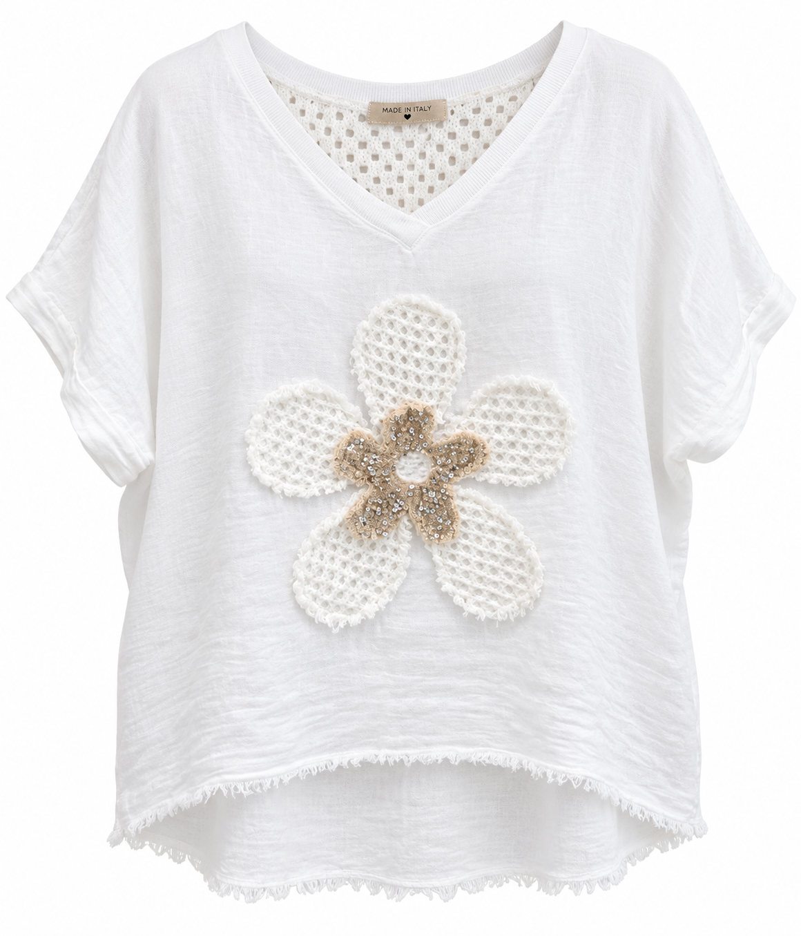 Italian Linen Top with Flower Appliqué – White