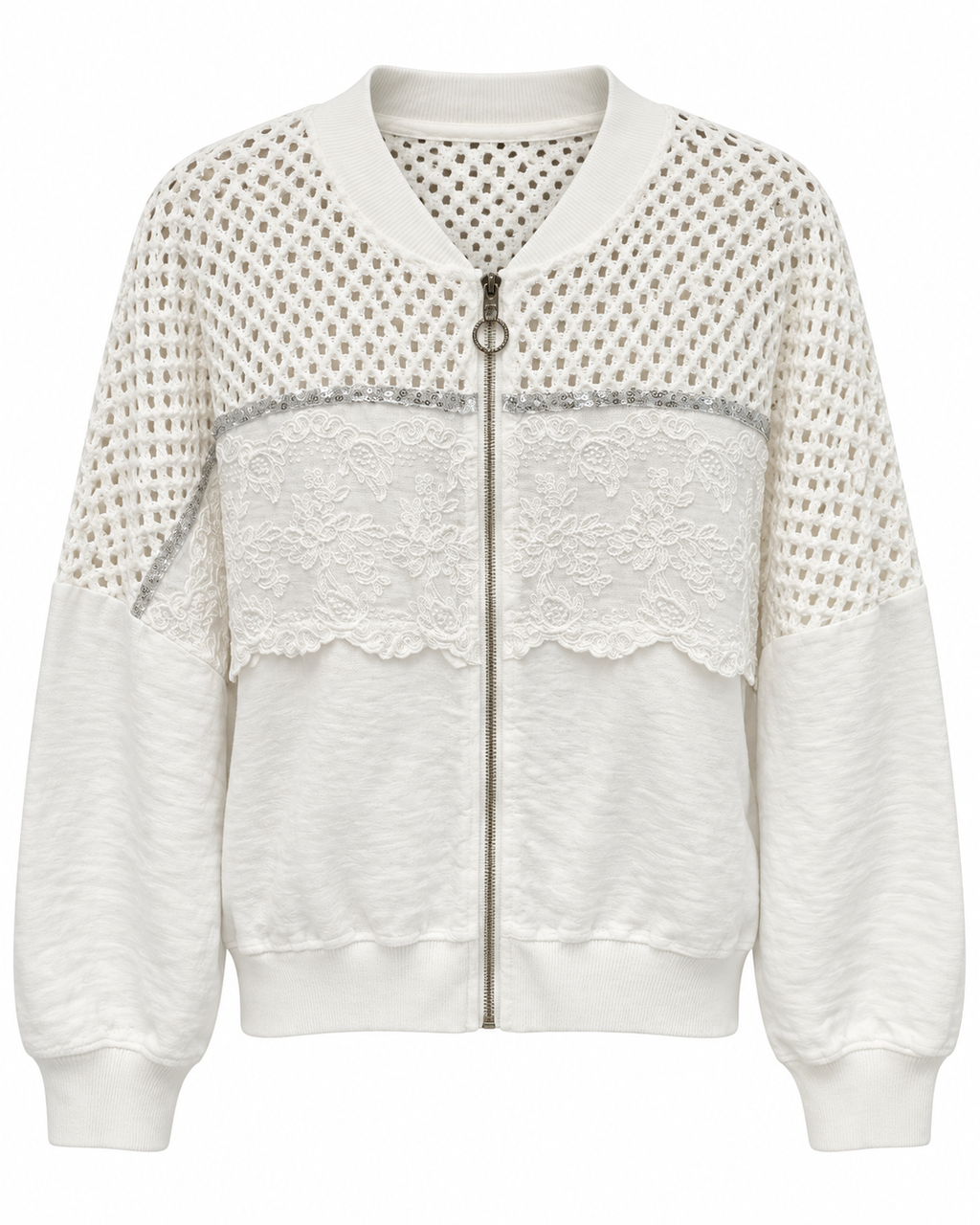 Ivory Mesh Lace Bomber Jacket