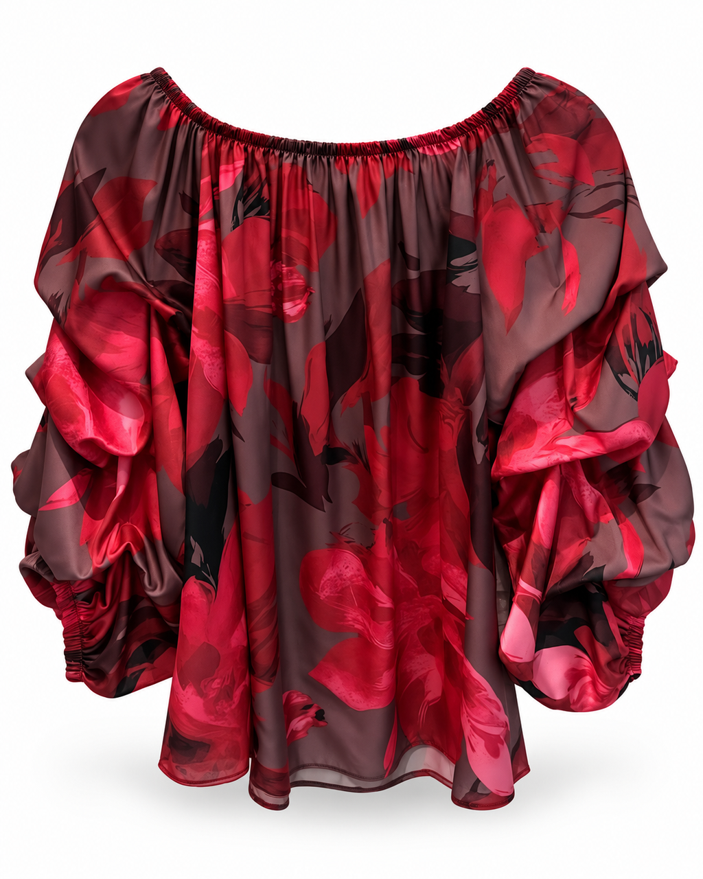 Red Floral Ruched Sleeve Blouse