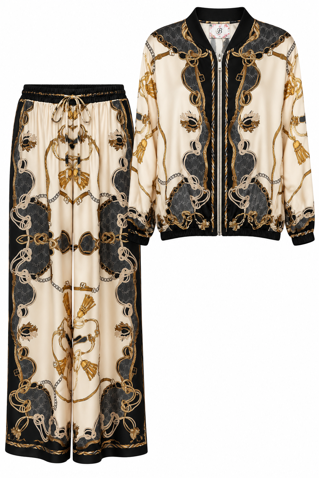 Baroque chain print bomber jacket and wide-leg trouser set in ivory, black and gold
