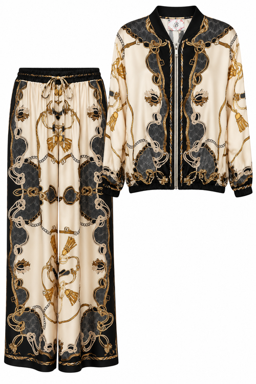 Baroque chain print bomber jacket and wide-leg trouser set in ivory, black and gold