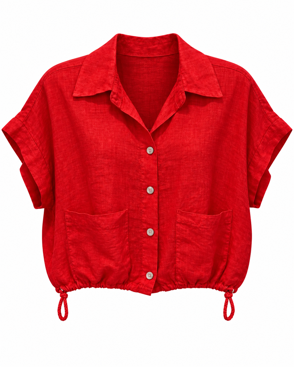Red Linen Drawstring-Hem Pocket Shirt