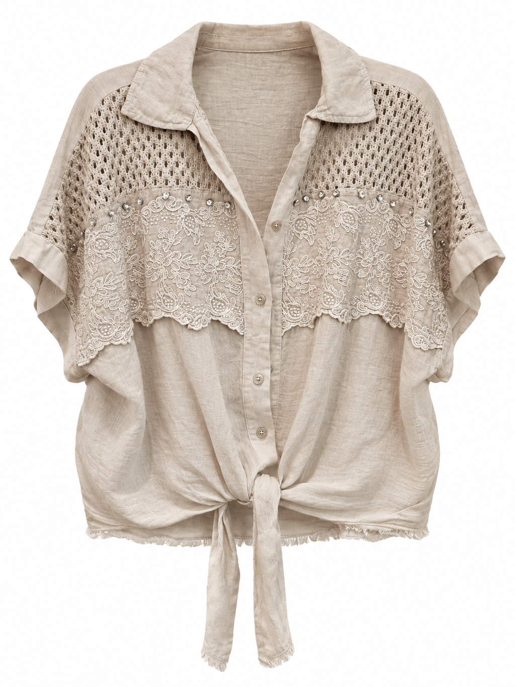 Beige Linen Crochet Lace Shirt