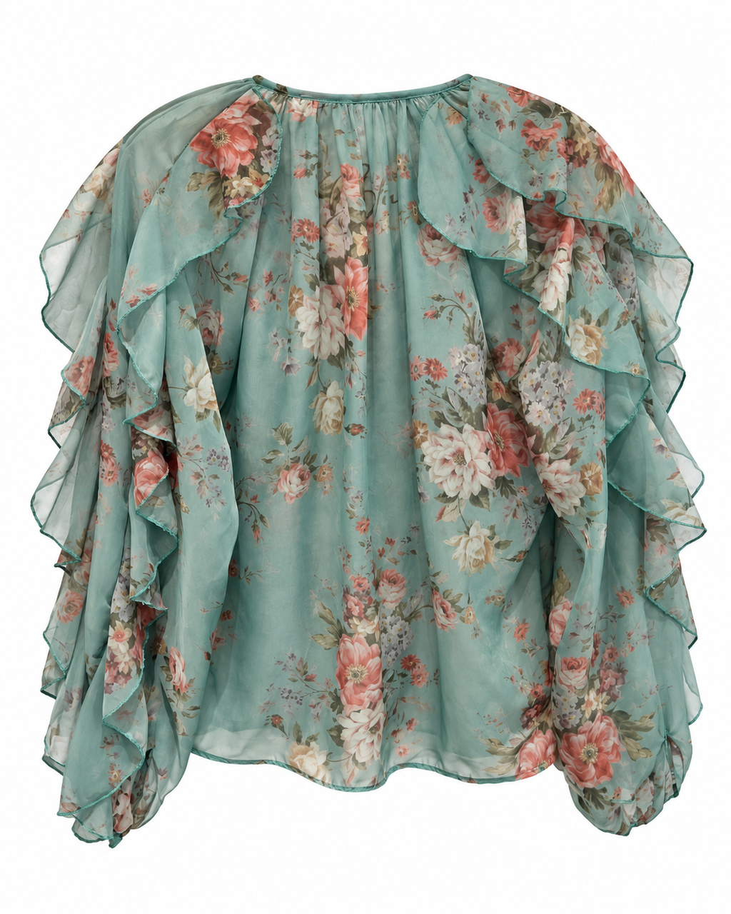Sage Floral Ruffle Chiffon Blouse