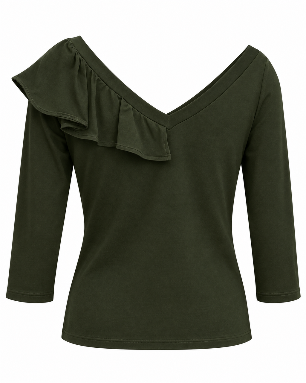 Olive Cotton Ruffle V-Neck Blouse