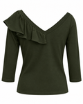 Olive Cotton Ruffle V-Neck Blouse