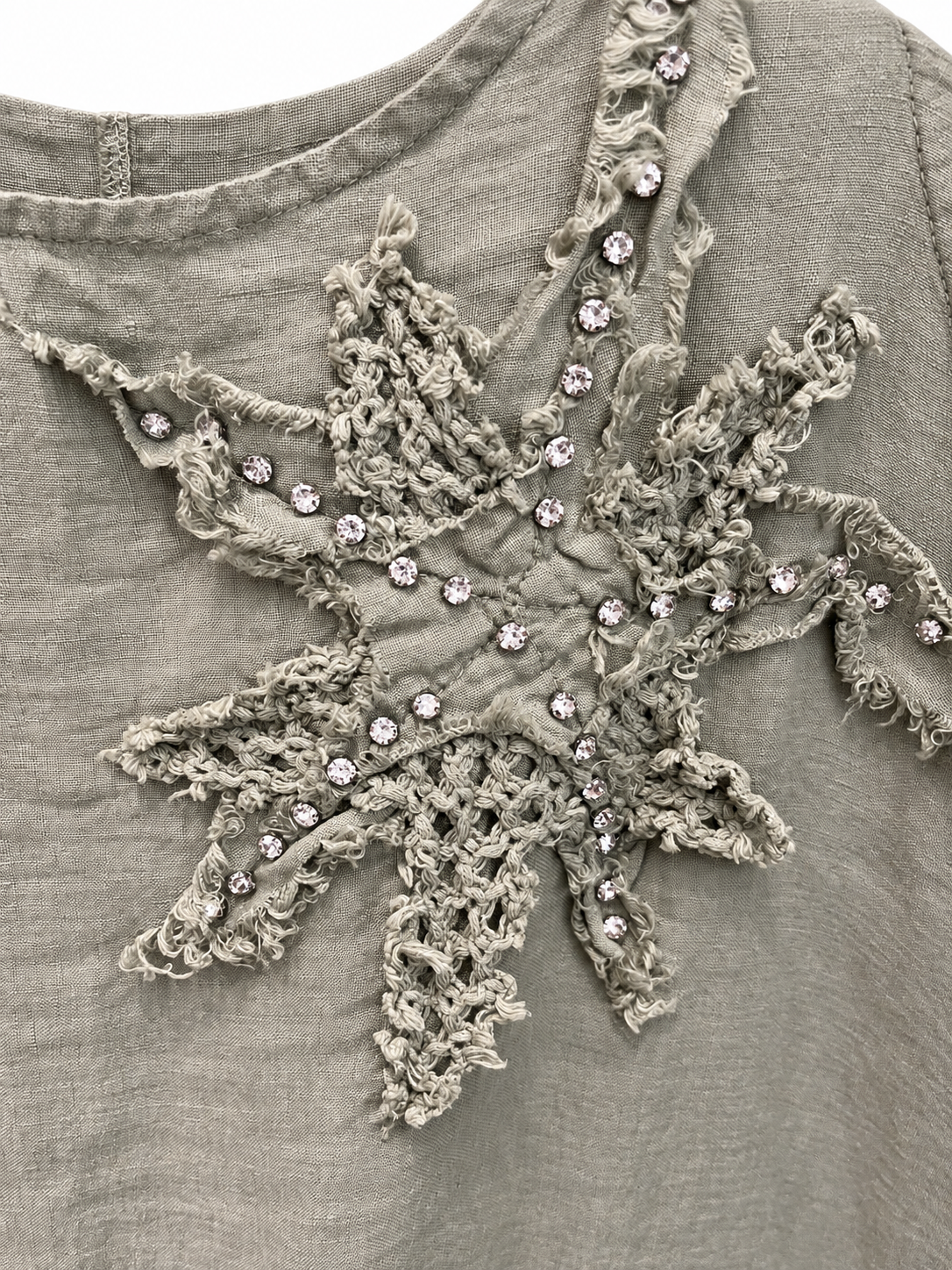 Taupe Linen Crochet Flower Appliqué Side-Tie Midi Dress