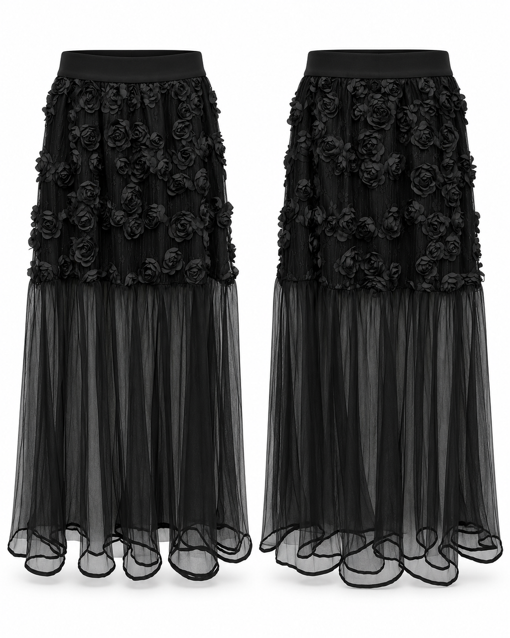 Black Rose Appliqué Sheer Panel Skirt