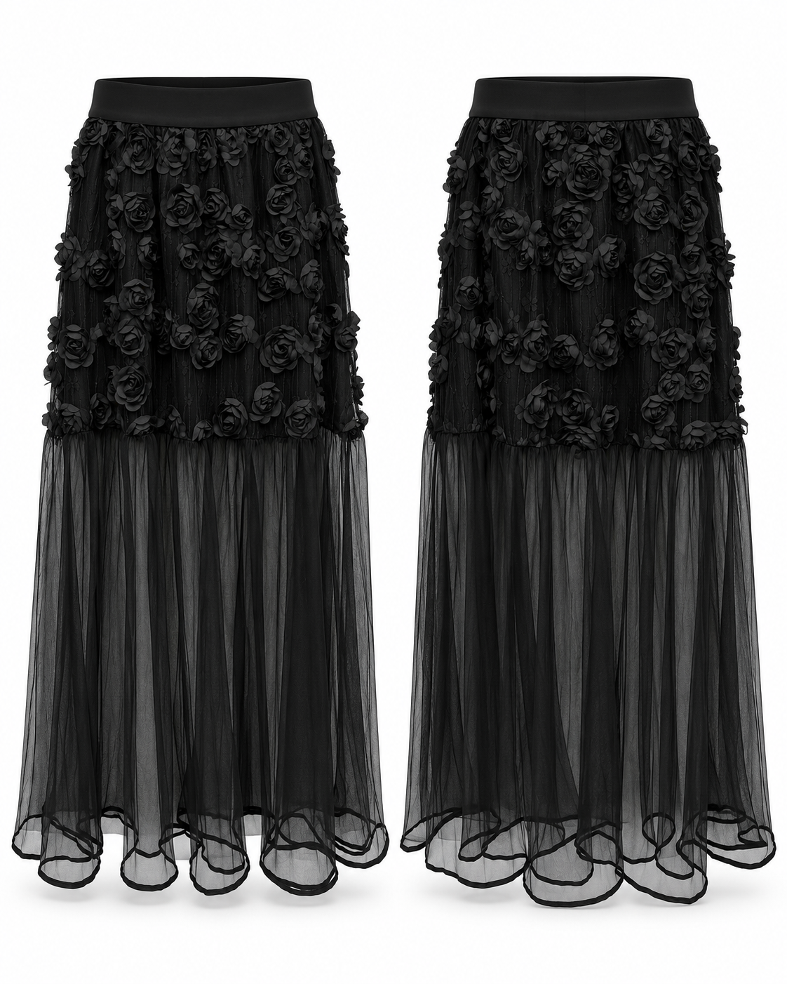 Black Rose Appliqué Sheer Panel Skirt