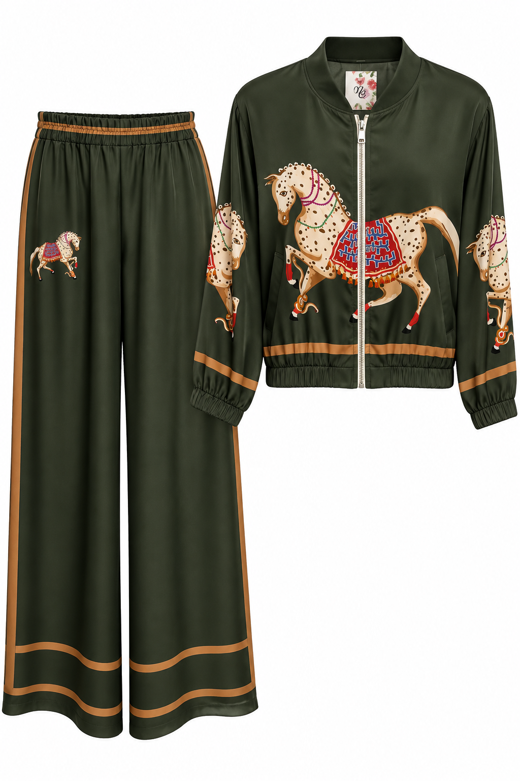 Equestrian Print Satin Bomber Jacket & Wide-Leg Trousers Set