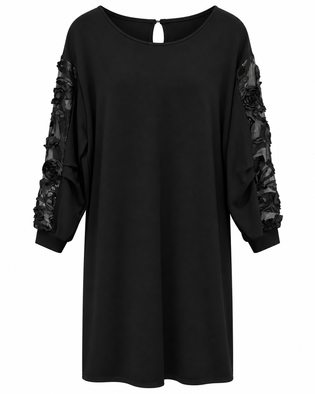 Black 3D Rose Mesh-Sleeve Shift Dress