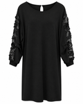 Black 3D Rose Mesh-Sleeve Shift Dress