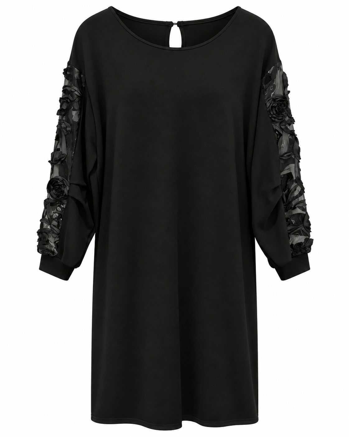 Black 3D Rose Mesh-Sleeve Shift Dress