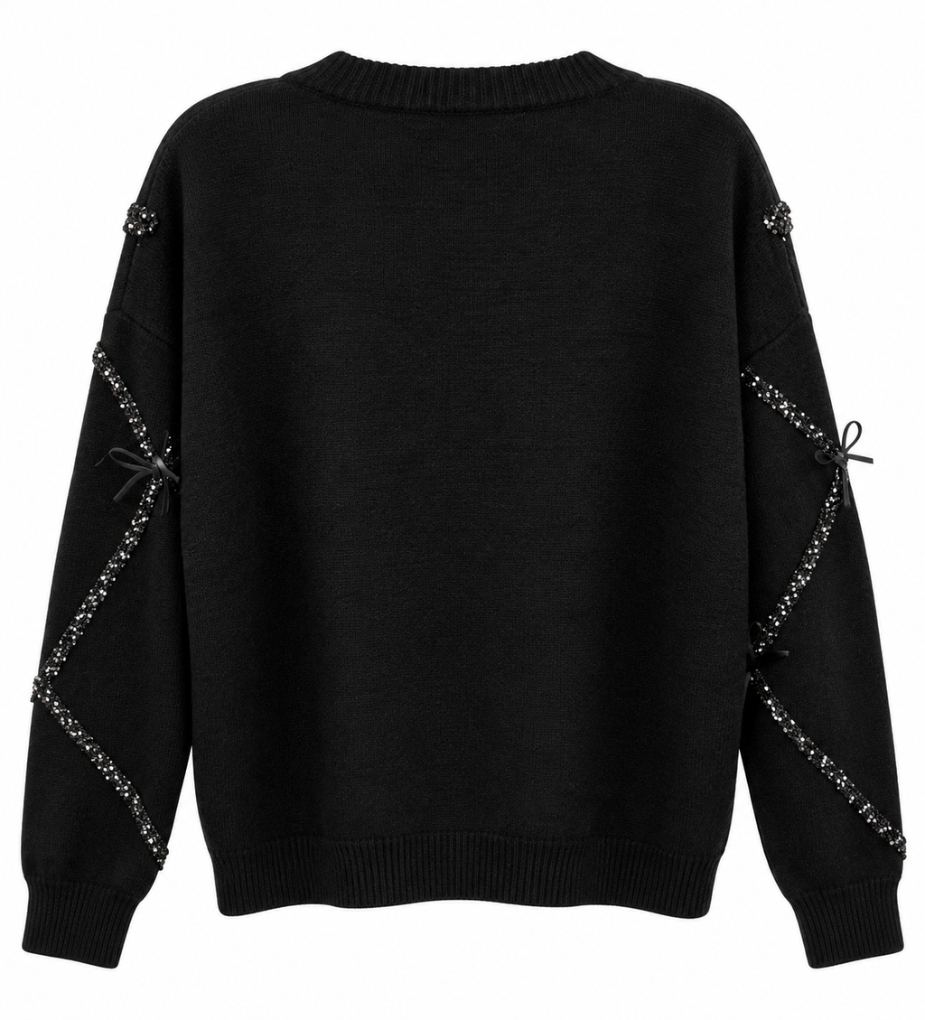 Black Sequin Bow-Detail Knit Sweater