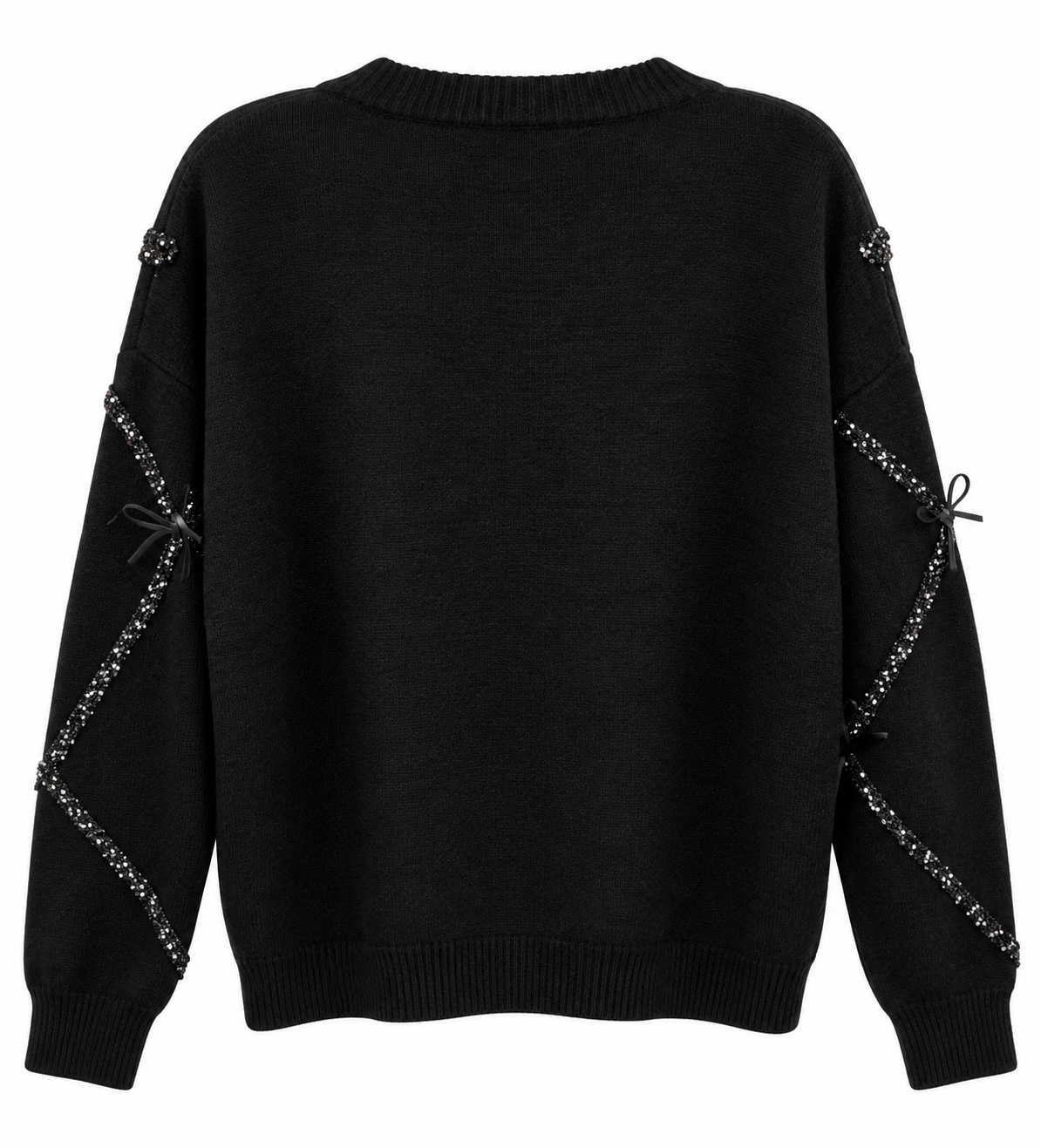 Black Sequin Bow-Detail Knit Sweater