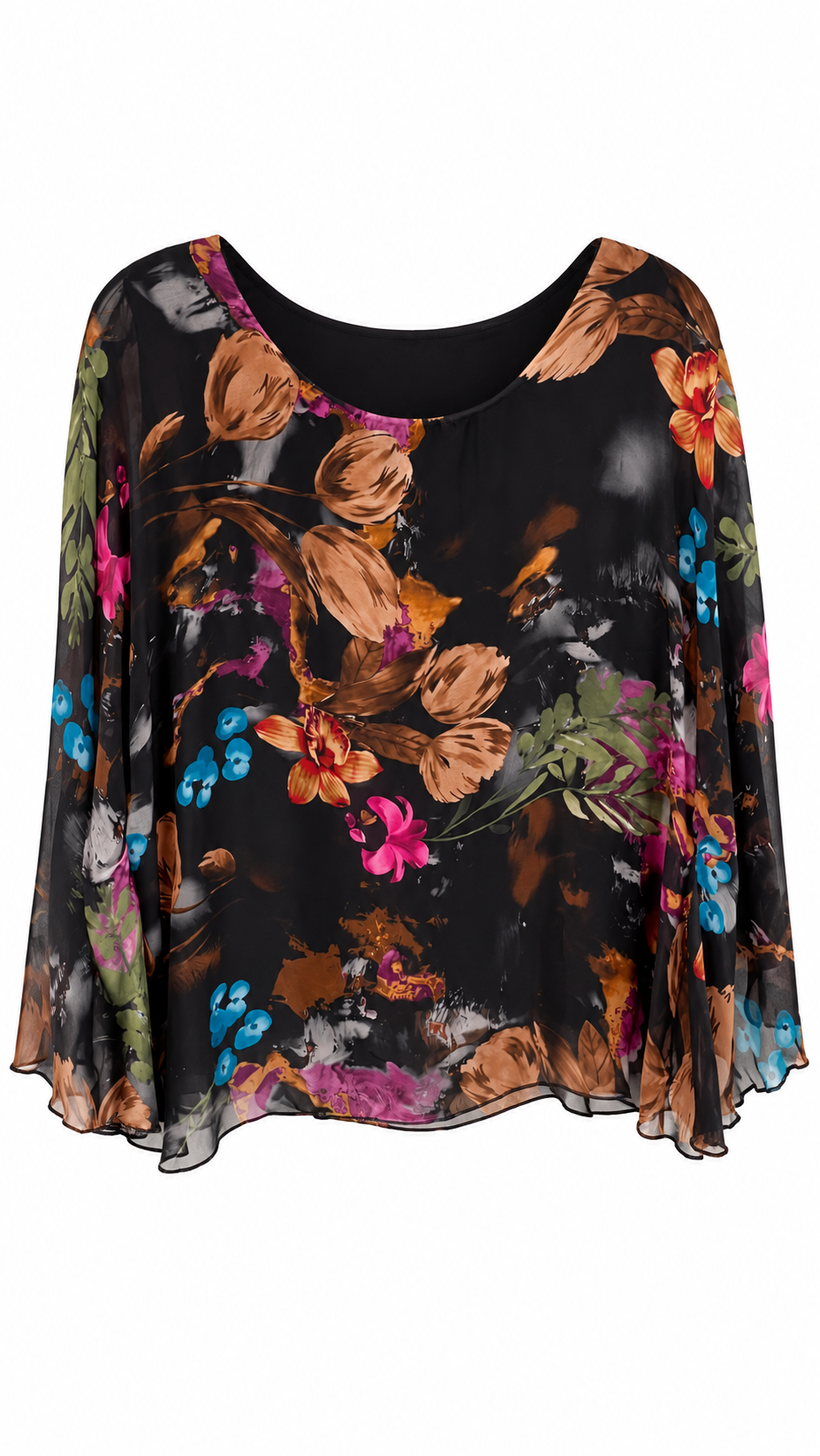 Black Floral Silk Cape Blouse