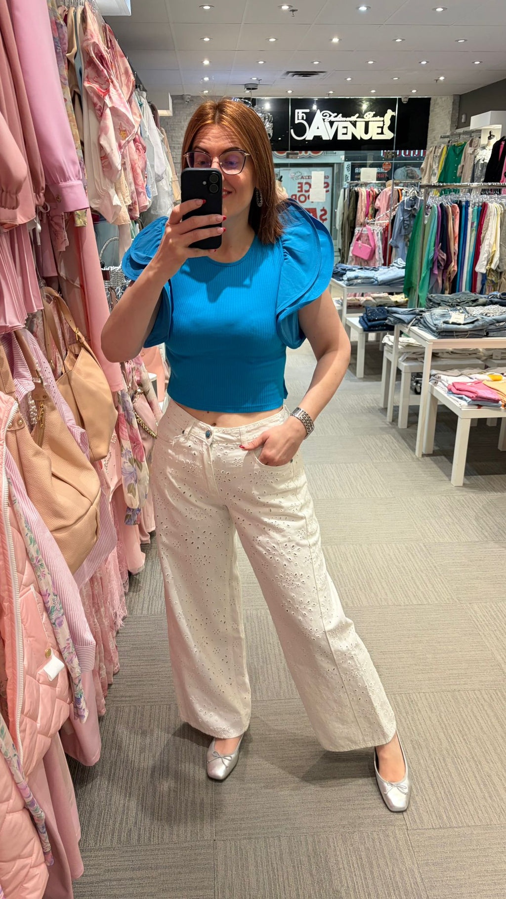 Blue Cropped Puff-Sleeve Blouse one size fits S/M