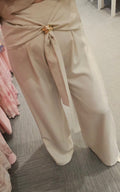 Beige Wide Leg Tie-Waist Trousers