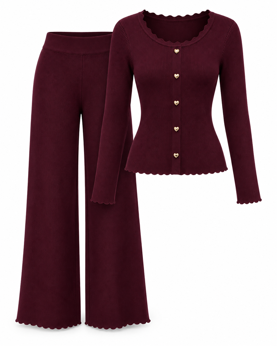 Burgundy Ribbed Heart-Button Knit Set