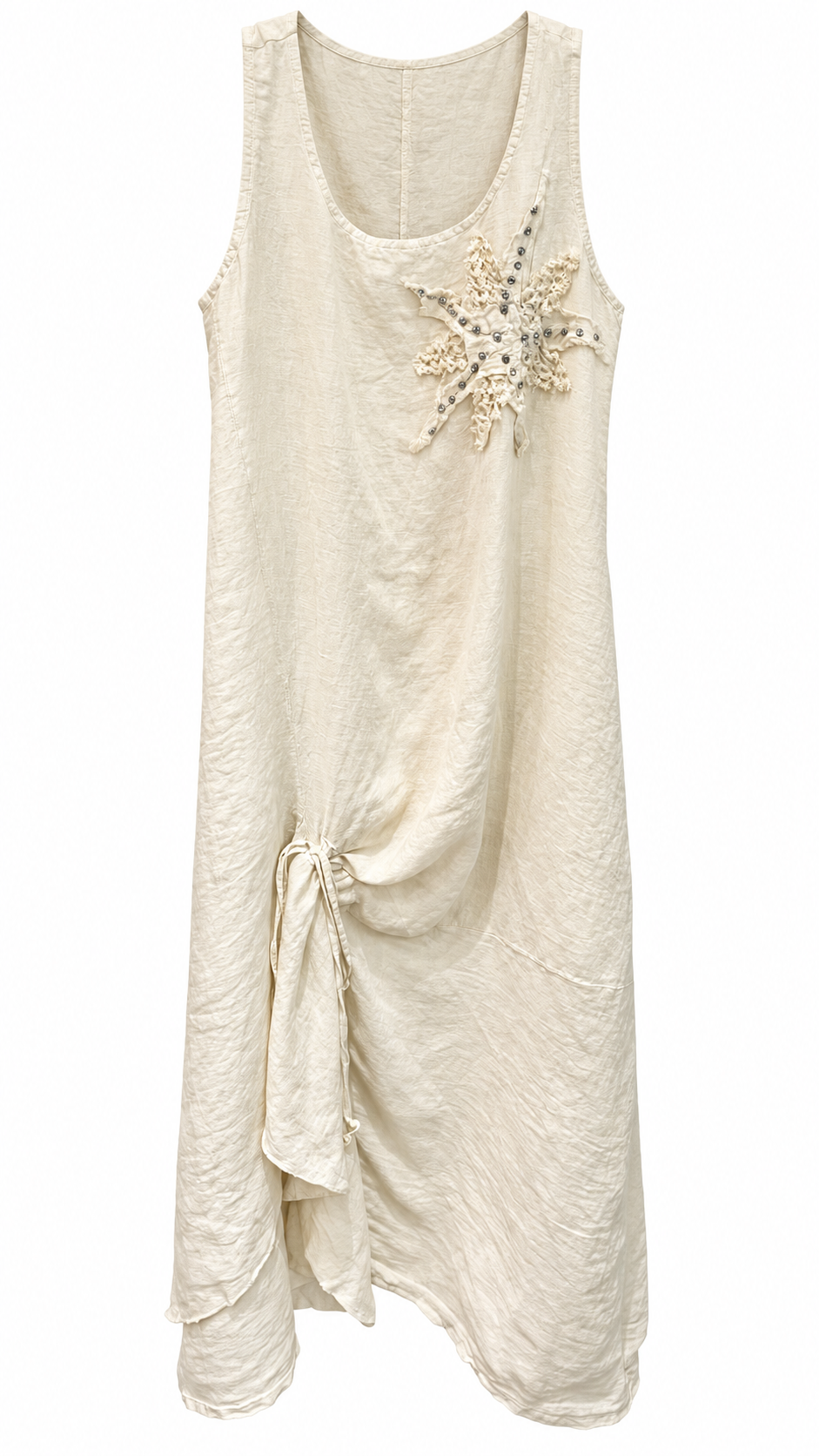 Ivory Linen Crochet Flower Appliqué Side-Tie Midi Dress