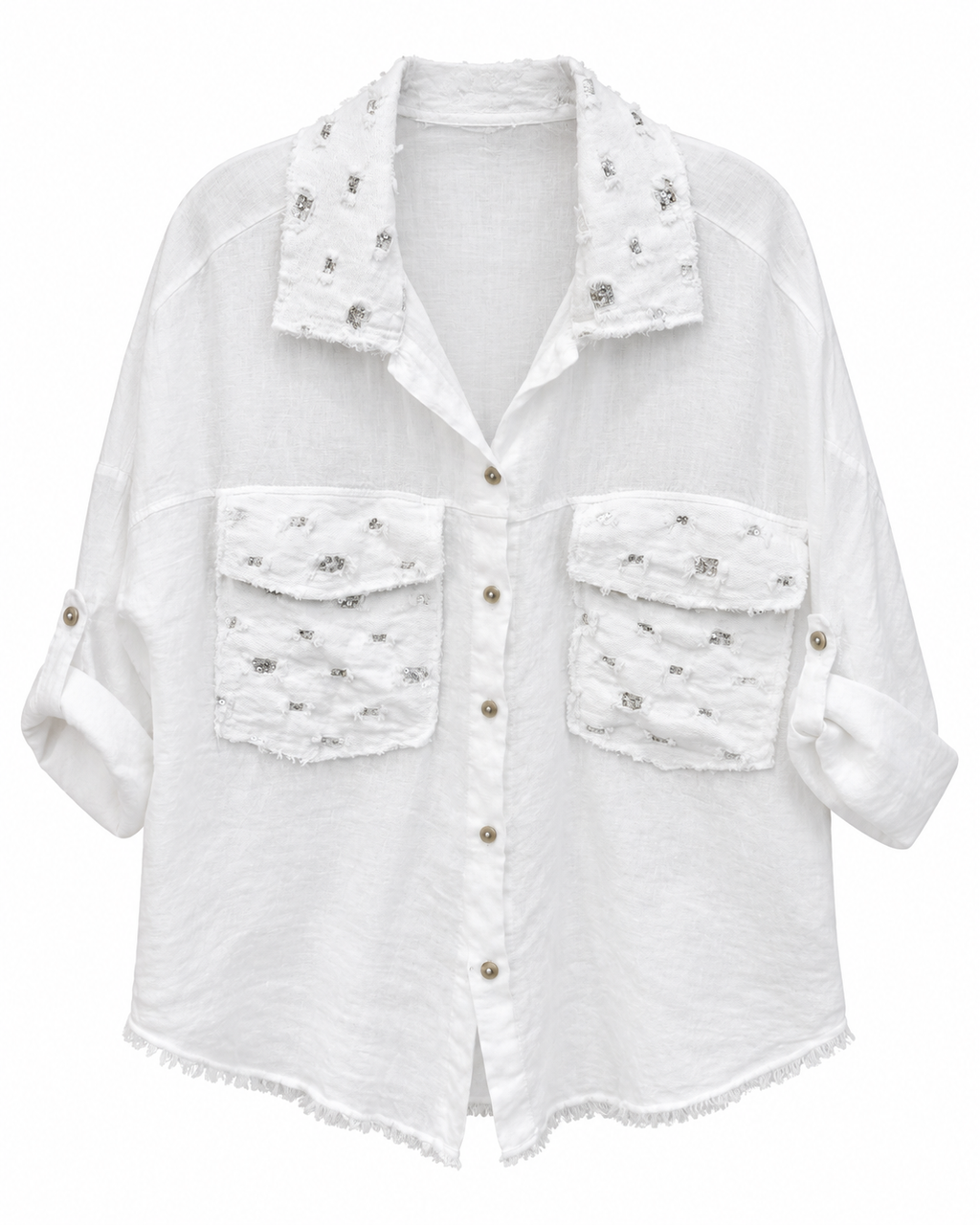 White Linen Crystal-Embellished Shirt