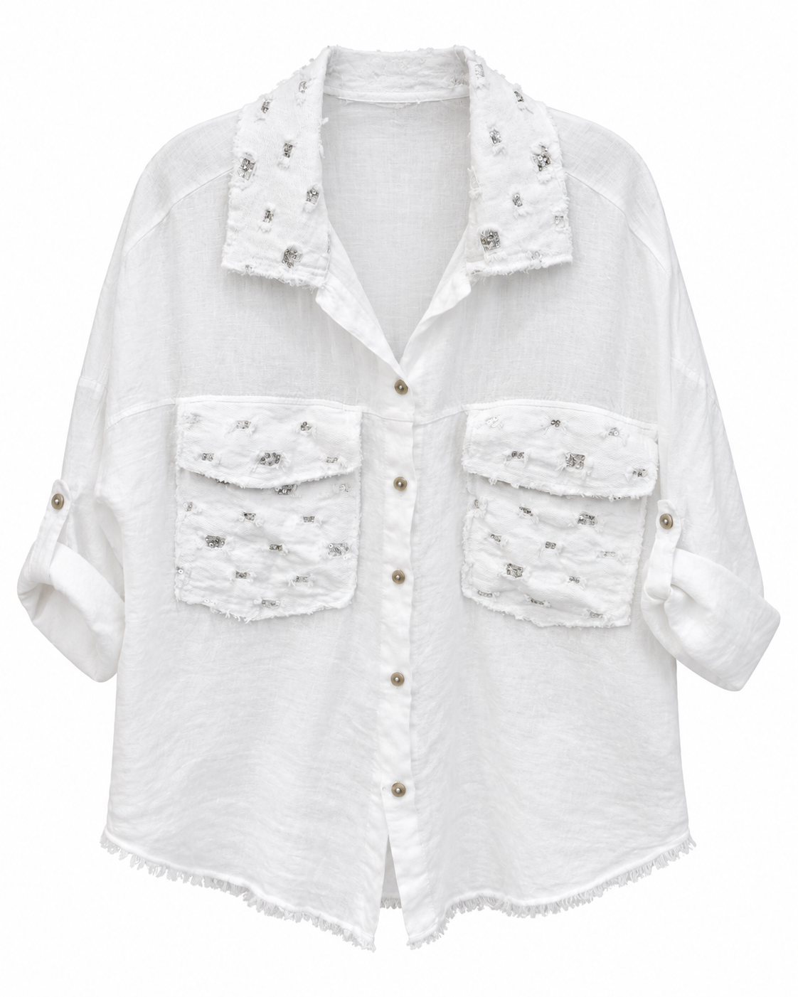 White Linen Crystal-Embellished Shirt