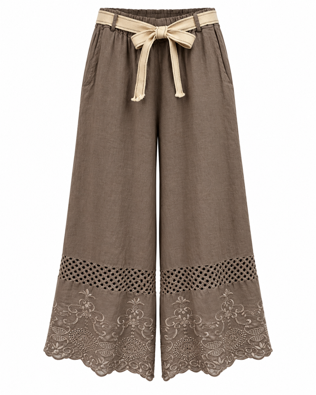 Taupe Linen Pants with Embroidered Hem