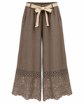 Taupe Linen Pants with Embroidered Hem