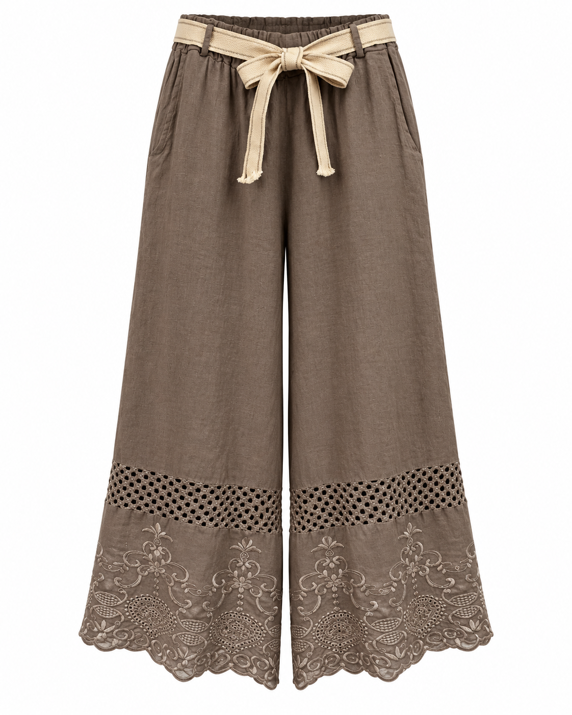 Taupe Linen Pants with Embroidered Hem