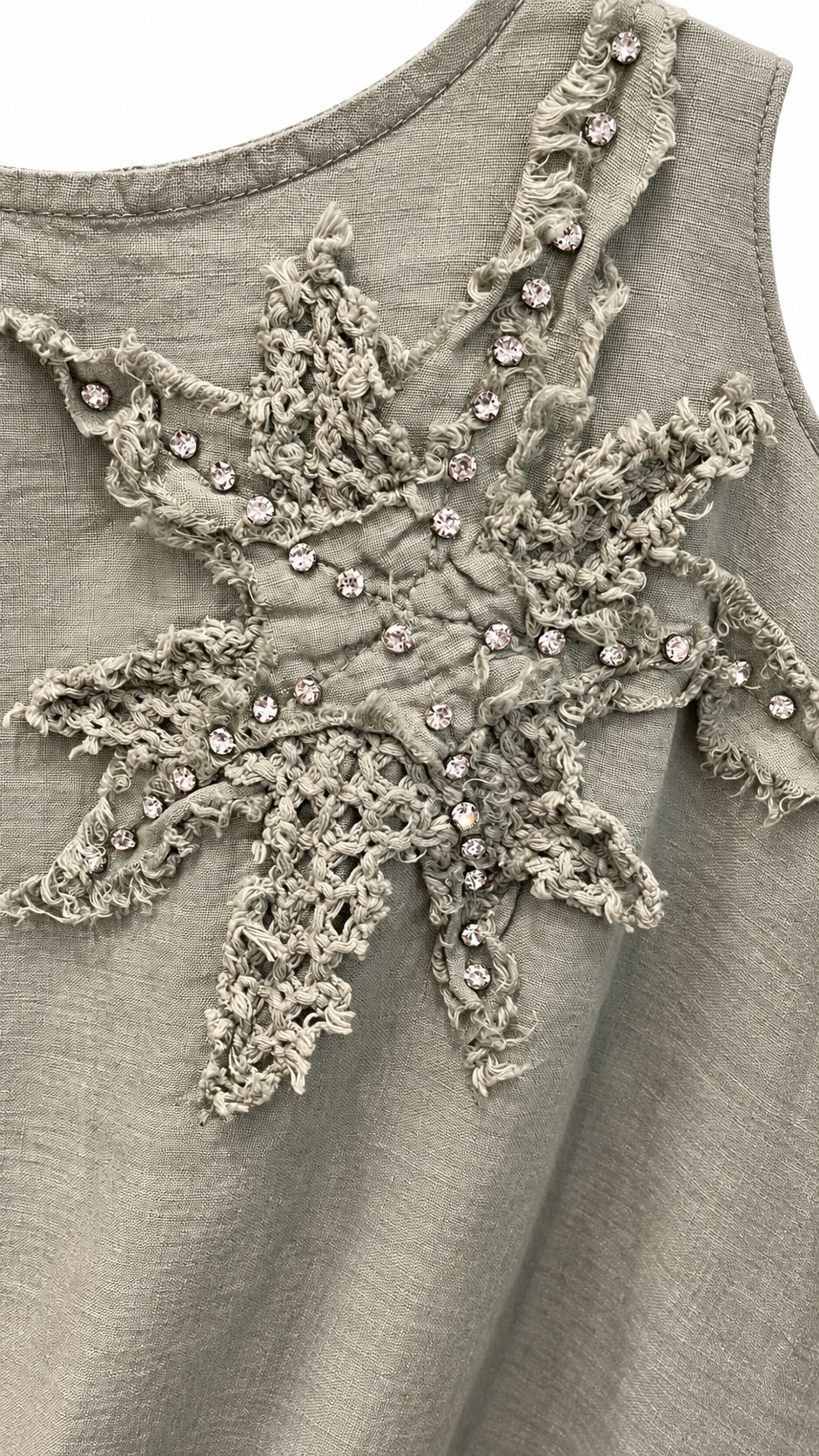 Silver Beige Linen Crystal Crochet Star Appliqué Side-Tie Midi Dress