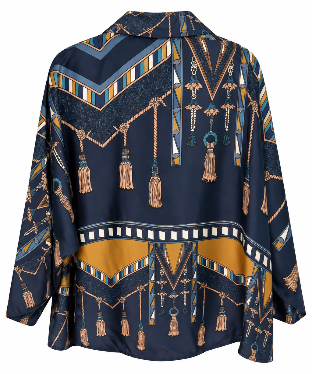 Navy Blue Tassel Print Wide-Leg Pants & Shirt Co-ord Set