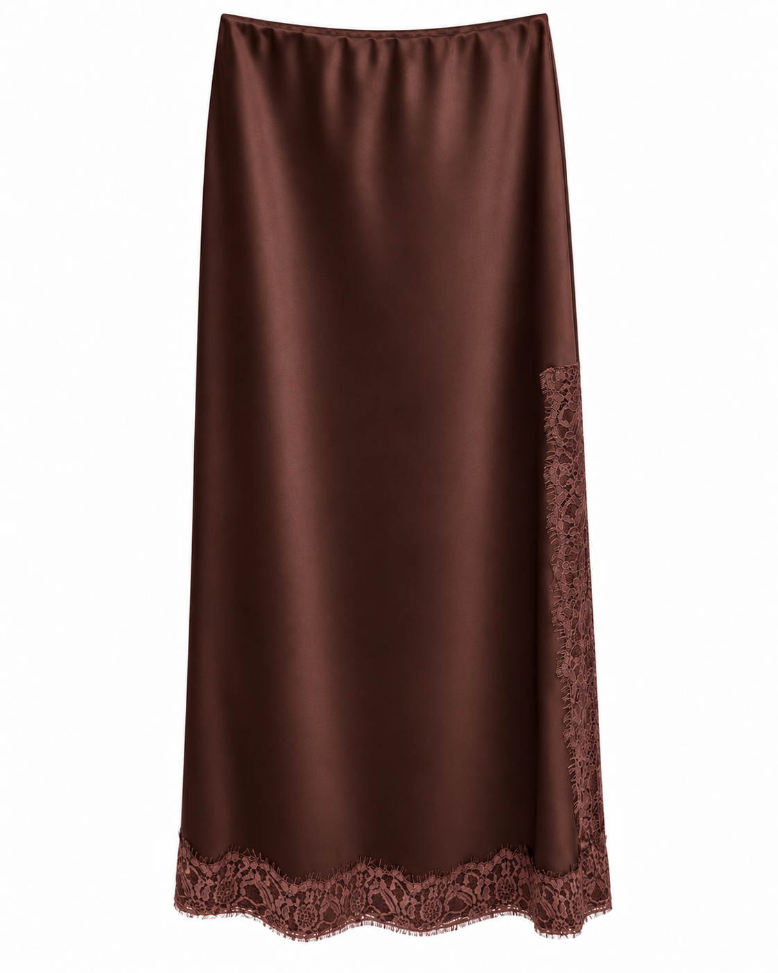 Chocolate Satin Lace-Trim Skirt