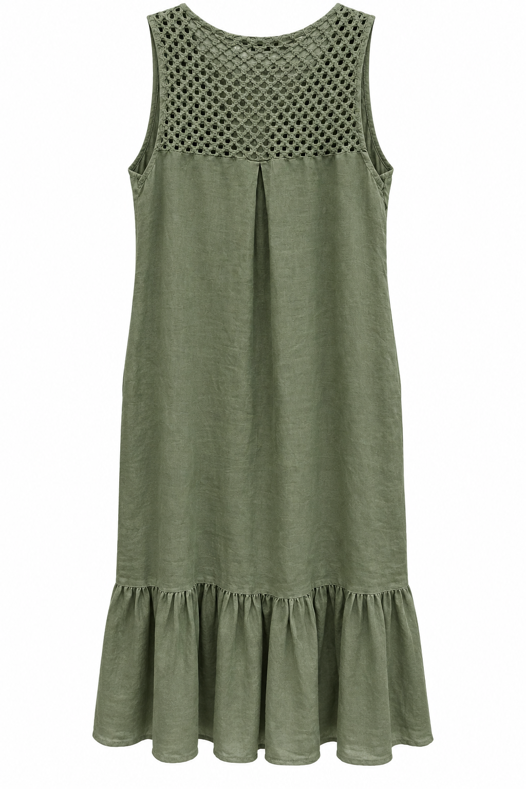 Olive green linen dress with crochet yoke and sequin floral appliqués - front view