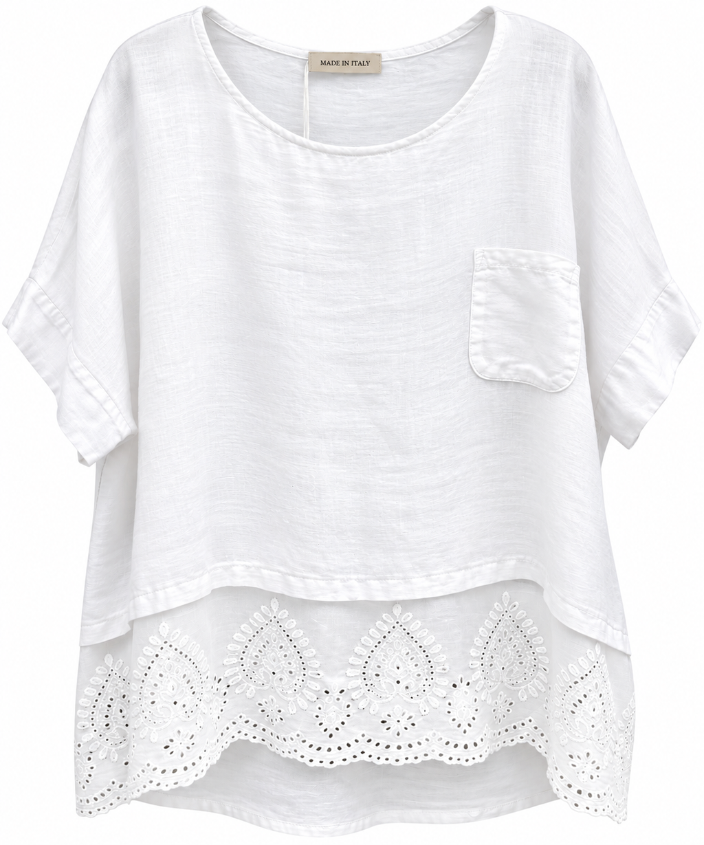 White Italian linen top with dolman sleeves - back view
