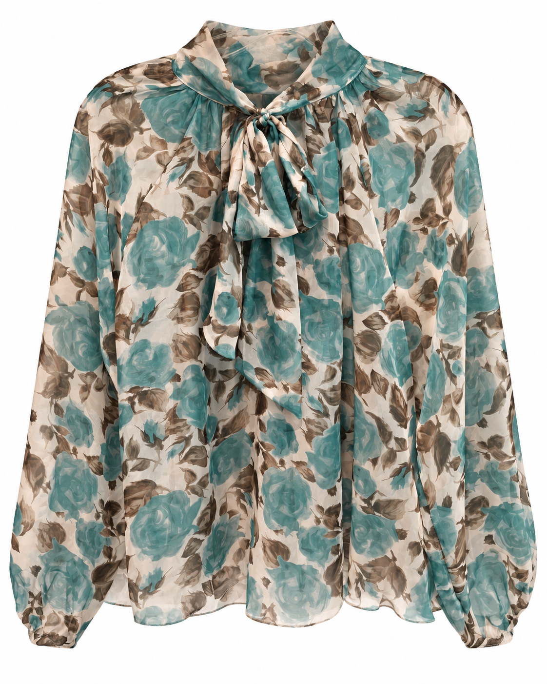 Teal Rose Chiffon Ruffle Bow Blouse