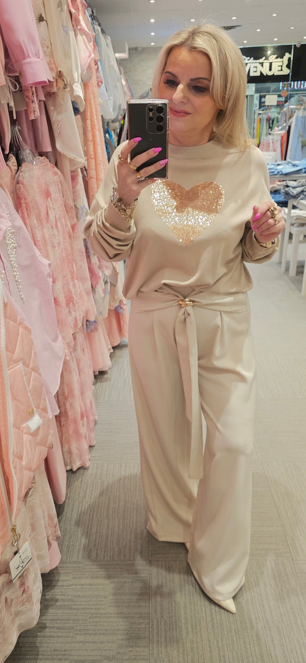 Beige Wide Leg Tie-Waist Trousers