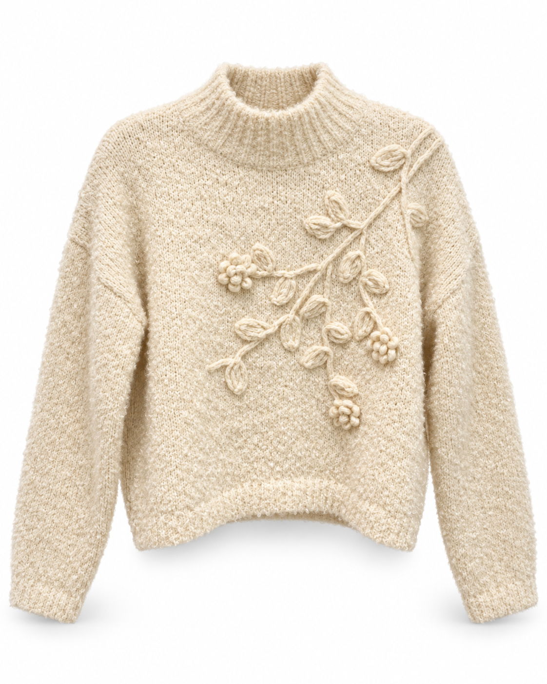 Ivory Floral Embroidered Knit Sweater